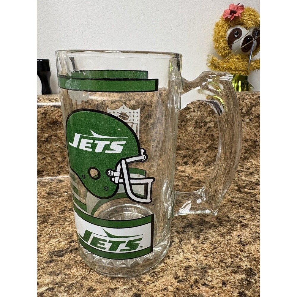Vintage ' New York JETS Glass NFL Beer Mug Fisher Cup Football Drinkware